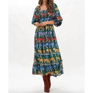 Oliphant - Smocked top, tiered midi dress in green raj - XS